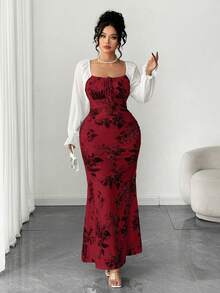 Elenzga 大码新款女式方领蝴蝶结雪纺泡泡袖长裙，适合约会、聚会、日常穿着，收腰设计，修身显瘦，优雅青春，长款连衣裙，适合春、夏、秋季穿着，荷叶边鱼尾裙摆 - 酒紅色 - 查看 8