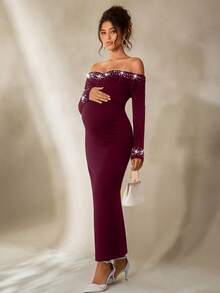 Cheriluna Maternity 纯色串珠长袖露肩优雅开衩孕妇写真亮片连衣裙/优雅派对礼服/黑色连衣裙/冬季连衣裙 - 酒紅色 - 查看 1