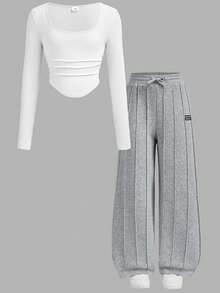 SHEIN Tween Girl Casual Street Style Ruched U-Neck Long Sleeve Ribbed Knit Fitted T-Shirt And Pleated Wide Leg Sweatpants Set, Suitable For Home, Outings, And School - White - View 2