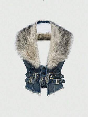 Hippie Y2K Abnehmbare Kunstfell Kragen Denim Jacke für Frauen