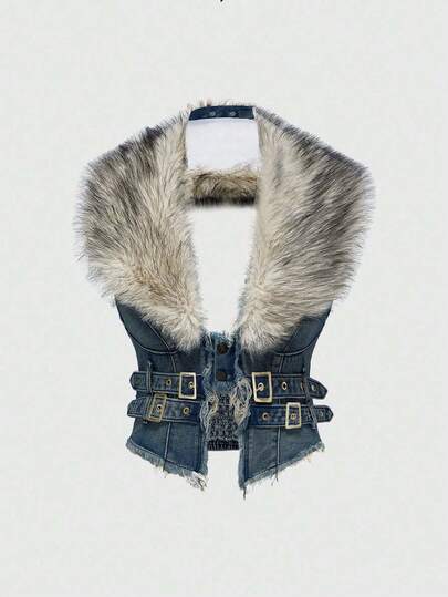 Hippie Y2K Abnehmbare Kunstfell Kragen Denim Jacke für Frauen