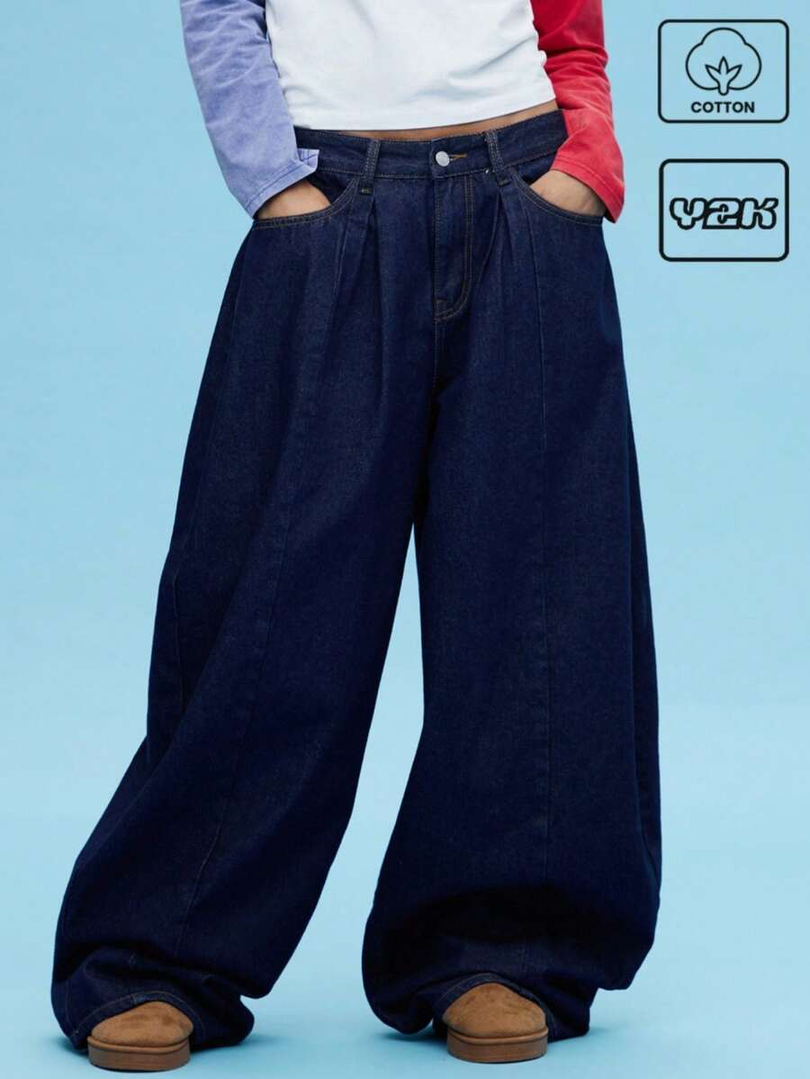 COUREZ Balloon Fit Wide Leg Indigo Wash Jeans Y2K Vintage Cotton - Navy Blue - View 1