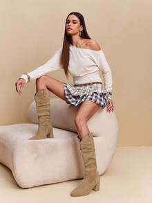 Daringsoles Women's Pointed Toe Pleated Fashion Daily Wear Mid-Calf High Heel Boots Valentine's Day - Khaki - View 6