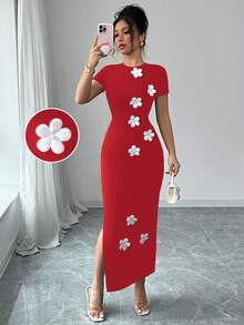 Elenzga Women's Elegant Sexy Short Sleeve Dress, Casual Spring/Summer, Black Stretchy Knit Fabric, Fitted Silhouette, White 3D Floral