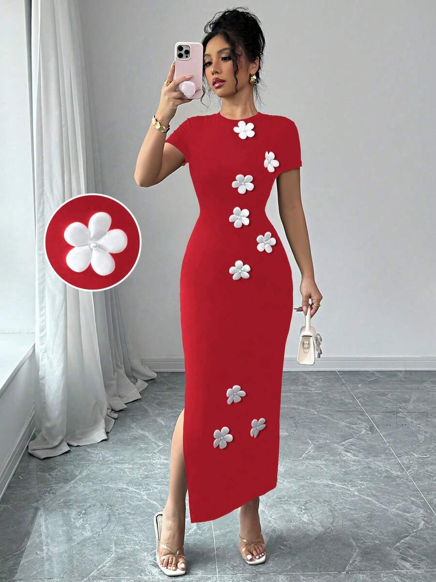 Elenzga Women's Elegant Sexy Short Sleeve Dress, Casual Spring/Summer, Black Stretchy Knit Fabric, Fitted Silhouette, White 3D Floral