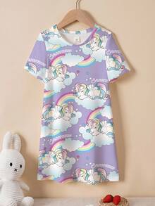 My Little Pony X SHEIN 女童可爱卡通彩虹字母图案短袖宽松T恤裙，休闲日常通勤，夏季 - 白色 - 查看 1