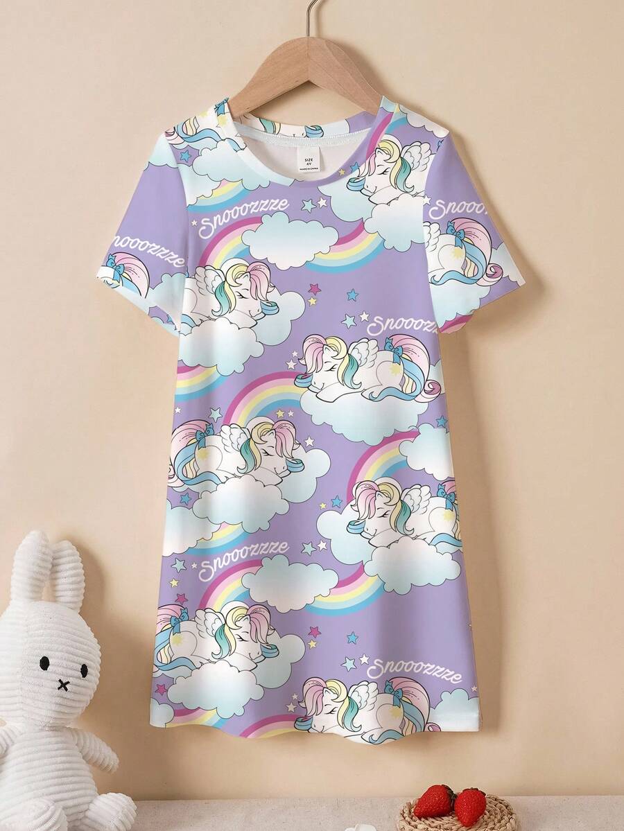 My Little Pony X SHEIN 女童可爱卡通彩虹字母图案短袖宽松T恤裙，休闲日常通勤，夏季 - 白色 - 查看 1