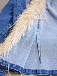 Elenzga Women's Furry Patchwork Tie Front Fashionable Versatile Vacation Travel Long Sleeve Denim Jacket - Blue - View 10