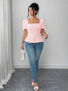 Elenzga 大码女士优雅度假弹力短袖蝴蝶结收腰开衩T恤 - 粉色 - 查看 3