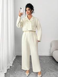 Elenzga Plus Size Women's Business Suit Set With Collar, Decorative Buttons, And Straight Leg Pants, Solid Color - Apricot - View 6