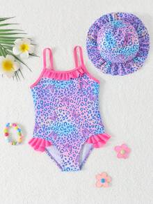 女童蝴蝶印花连体泳衣+帽子，粉色和紫色，沙滩度假