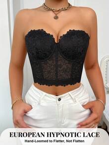 DesireSculpt 两件套女士蕾丝吊带背心，带钢圈，性感内衣吊带套装，黑白两色 - 黑與白 - 查看 7