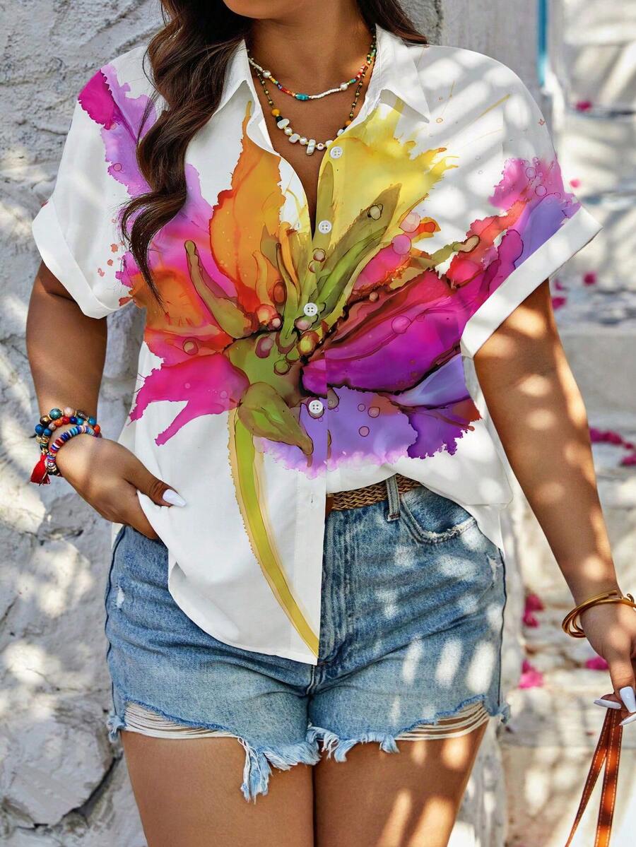 EMERY ROSE Áo sơ mi cổ bẻ, tay ngắn, ve áo đơn hàng khuy, cỡ lớn, tranh sơn dầu nghệ thuật cổ điển in hoa - Nhiều màu - Xem 1