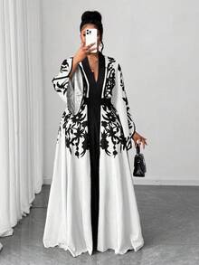 Maweii Vestido maxi elegante de manga larga con cuello en V y estampado floral, talla grande - Blanco y Negro - Ver 4