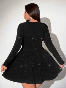 Viva Relle 大码女式优雅纯色针织高弹力闪亮V领派对连衣裙，适合圣诞节、万圣节，时尚设计，新款秋冬长袖连衣裙 - 黑色 - 查看 2