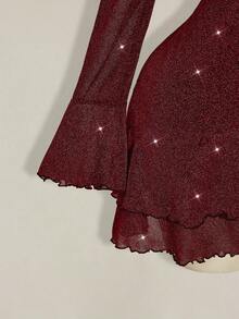 SHEIN ICON 大码性感纯色深V领喇叭袖荷叶边下摆迷你连衣裙酒红色女装 - 酒紅色 - 查看 7