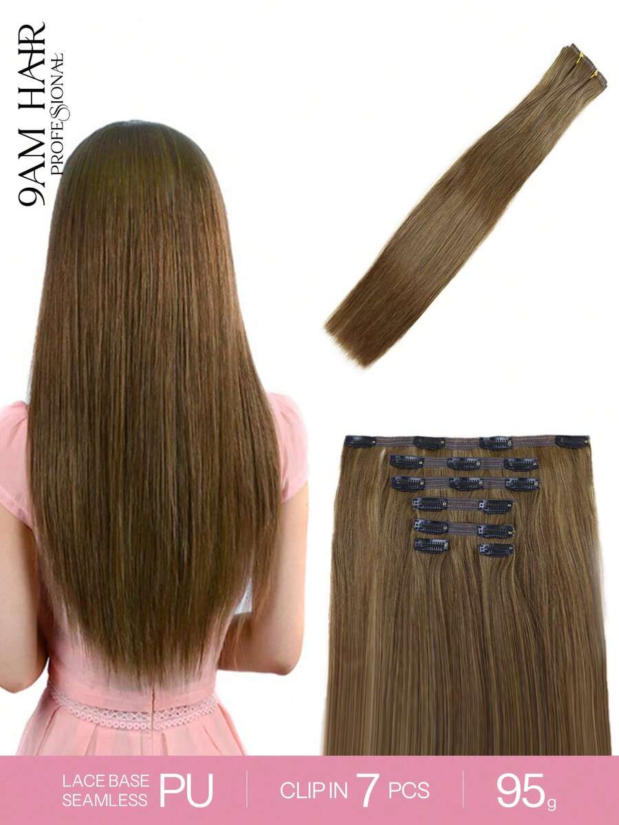 7 pezzi da 95g, Extension per capelli umani Remy di alta qualità con doppia trama, molletta in, colore marrone medio n.6, per tutta la testa, con base in pizzo e PU, adatte per donne, costumi di Natale, Ognissanti, autunno - S6 - Visualizzare 1