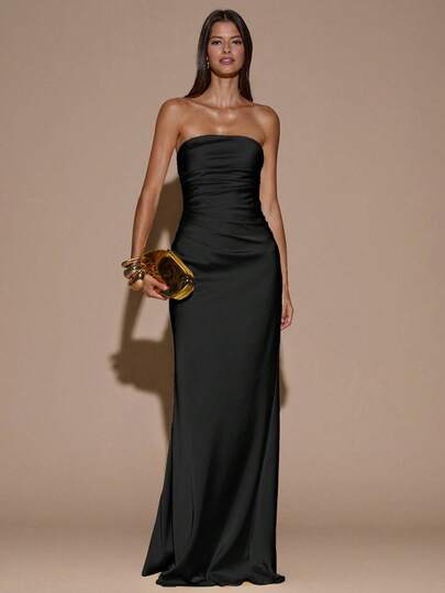 SHEIN BAE 性感简约纯色黄色奶油色无肩带褶皱修身露背连衣裙，适合派对、鸡尾酒会、正式场合、伴娘、生日、黄色缎面正式礼服、圣诞节、宴会、商务休闲等场合。