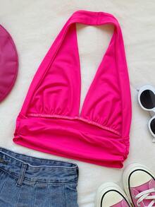 SHEIN EZwear Summer Solid Backless Crop Pink Halter Top - Hot Pink - View 2