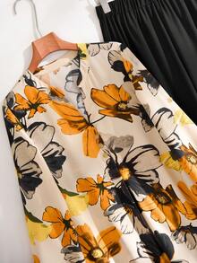 Rusticease 2pcs Women Floral Print Front Button Long Sleeve Shirt And Pants Set,Winter Clothes For New Year Outfit Elegant Women's Sets Casual Ladies Blouse - Multicolor - View 5