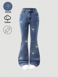 SHEIN ChillGRL Y2K Fashion Versatile Popular Heavy Washed Elastic Flare Jeans For Teenage Girls Pink Bow Jeans - Light Wash - View 3