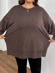 SHEIN CURVE+ Plus Size Solid Color Round Neck Casual Versatile Long Sleeve Sweatshirt Thanksgiving New Year - Brown - View 8