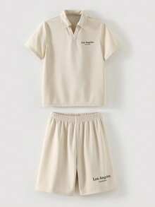 SHEIN 2pcs Tween Boy Comfortable Casual Polo Shirt With Collar & Shorts Set, Suitable For Outdoor Play, Street Photography, Party, City Walk