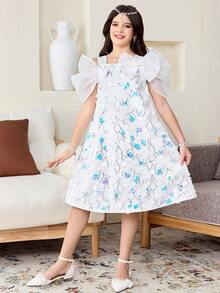 SHEIN Tween Girl Spring/Summer Elegant Sequin Embroidered Lace Large Bow Decor Exaggerated Sleeve A-Line Dress White Suitable For Wedding Season Flower Girl Dress Tween Girl - White - View 3