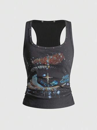 ROMWE Avant Camiseta de tirantes con estampado de cielo estrellado y remaches, estilo retro y urbano unisex