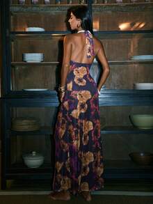 Opulessa Spring/Summer Valentine's Day Birthday Beach Vacation Elegant Knit Mesh Print Halter Backless Slit Dress For Women, Spring To Summer, Valentine's Day,Carnival Costume, Elegant Dresses For Party, Beach Outfit, Wedding Guest Dresses, Summer Vacation Outfits, Polka Dot,  Floral Dress, Casual Dress, Tie Dye Dress - Multicolor - View 2