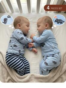 SHEIN Newborn Baby Boy/Girl Cute Cartoon Pattern Knit Long Sleeve Top And Pants Pajama Set - Blue - View 10