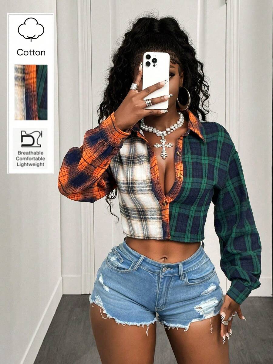 BamGleam Women's Casual Multi-Color Plaid Front Button Long Sleeve Shirt, Autumn,Winter ;Winter Clothes For Women , Winter ,