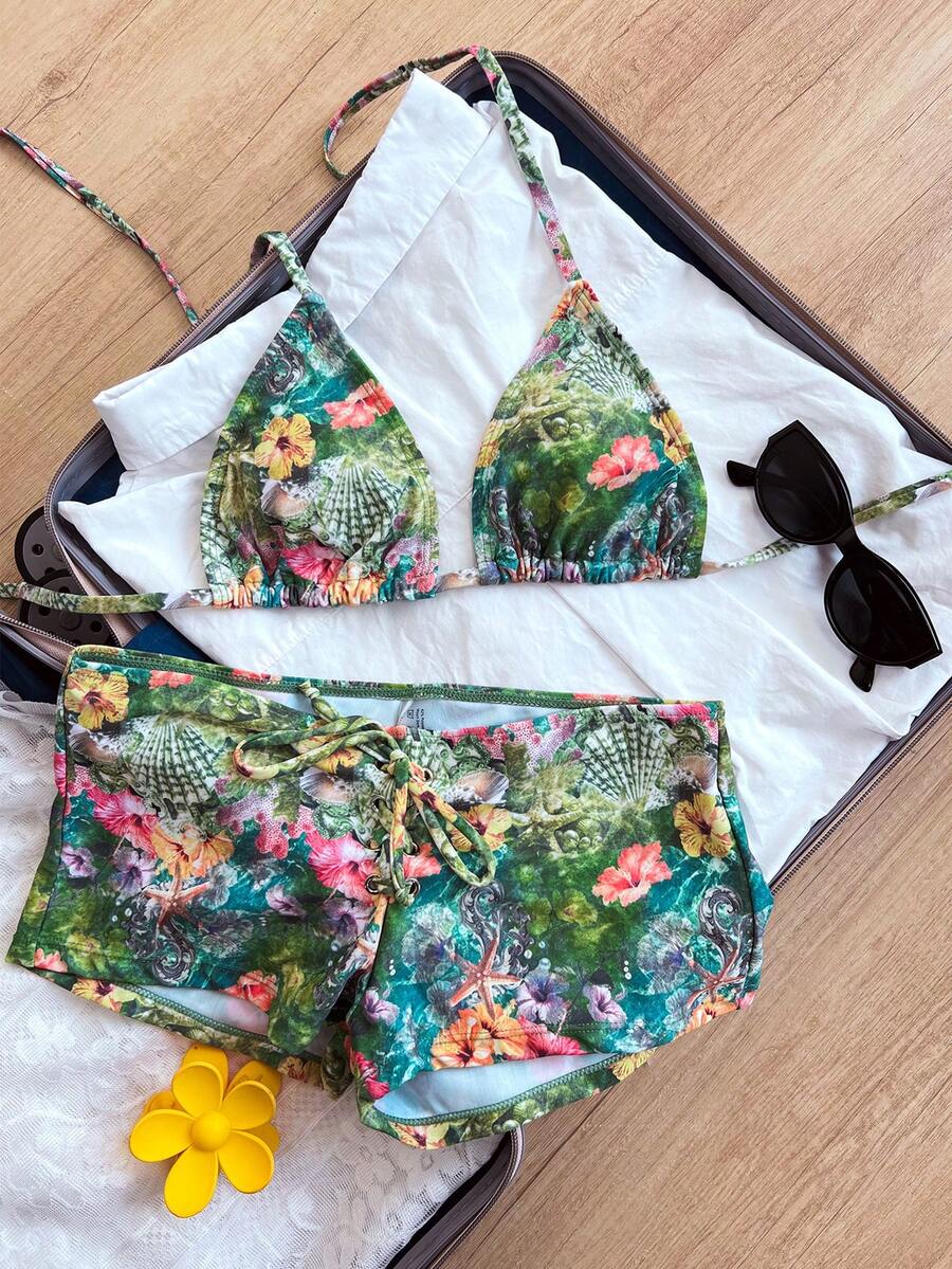 Swim Vcay Bộ đồ bơi 2 món dành cho nữ, thời trang và dễ thương, thích hợp cho kỳ nghỉ, tiệc du thuyền, phong cách đường phố, gồm áo bơi buộc cổ và quần bikini dây buộc điều chỉnh được in họa tiết động vật biển ngẫu nhiên. - Nhiều màu - Xem 1