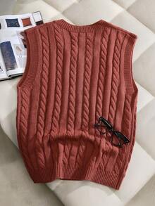 Claim Dot 男士V领扭结针织休闲背心，秋冬款 - 紅木色 - 查看 2