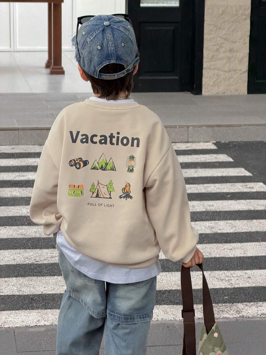 DAZY Young Boys' Casual Loose Fit Graphic Print Fleece Sweatshirt, Autumn,Winter - Khaki - View 1