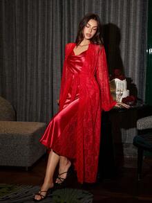 SilkySpell 2pcs Women Spaghetti Strap Maxi Dress,Lace Trim Robe,Elegant Satin Sleepwear Set,Long Style,All Season,Red Summer Lounge Lingerie Nightgown - Burgundy - View 5