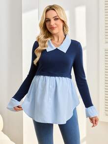 SHEIN Nursing Top With Ruffle Trim, Long Sleeve Shirt Collar, Front Button Nursing Access, Curved Hem, Knit & Woven Fabric Mix - Blue - View 8