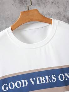 Vacaura 2pcs Teenage Boys' Casual Sports White T-Shirt With Stripe & Letter Print, Navy Blue Pants Set, Suitable For Summer Outings Boys Graphic Tee And Pants Set Teen T Shirt And Pants Boys Shirt And Sweatpants Teen Boy 2 Piece Set - Navy Blue - View 5