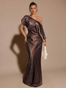 SHEIN BAE Gold Textured Low Waist Extra Long Mermaid Skirt, Gold Skirt, Autumn Skirt, Suitable For Nightclub Party, Going Out, Autumn Women's Clothing, Old Money, Work/Office, Business Casual - Brown - View 3