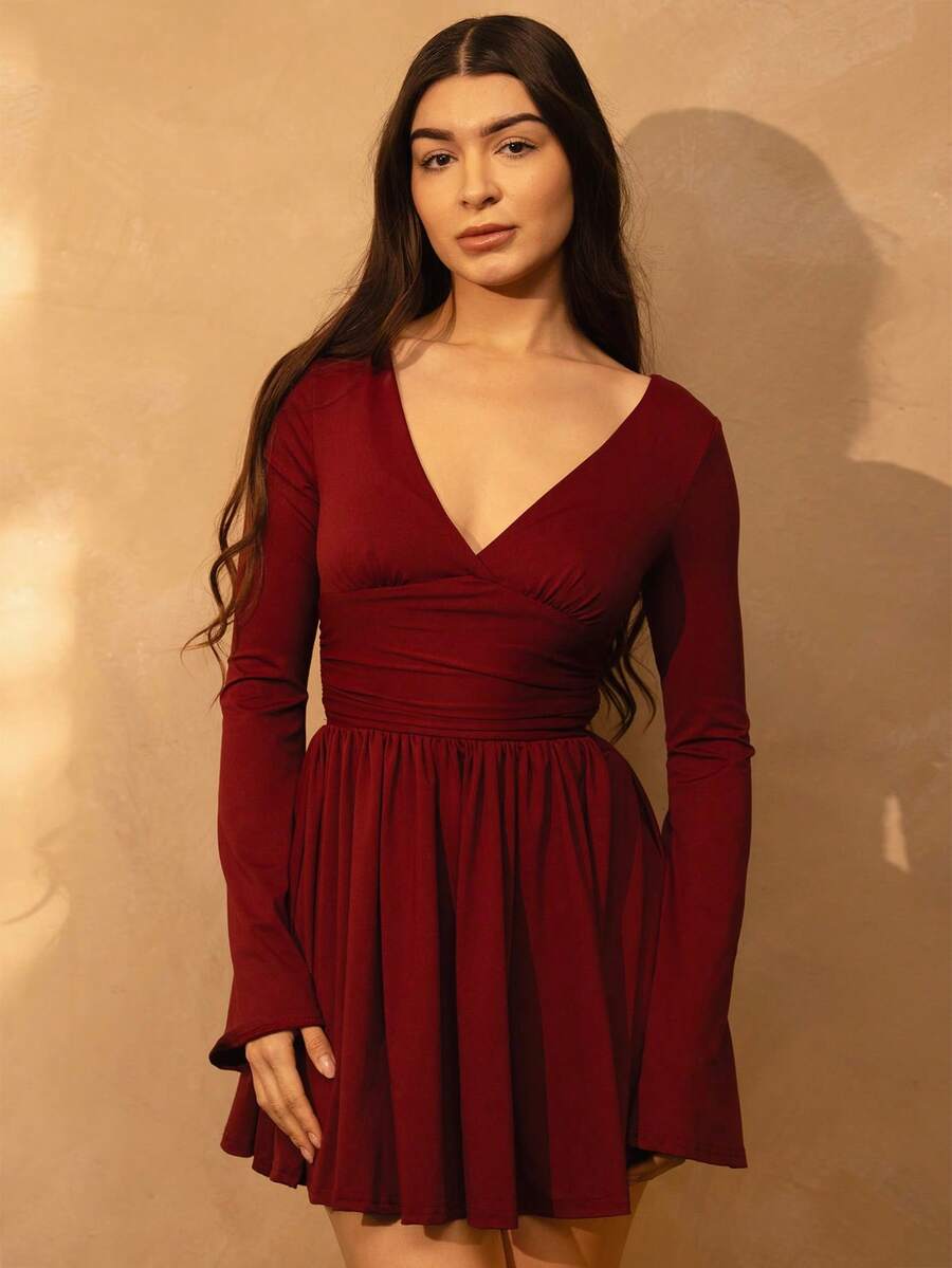 Andrea Bello 1pc Solid White Minimalist Daily Sexy Deep V-Neck Long Sleeve Ruffle Cuff Fitted Waist Mini Dress, Autumn/Winter - Burgundy - View 1