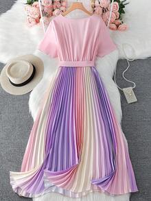 SHEIN LUNE SHEINLUNE 大码女式彩虹褶皱V领灯笼袖系腰连衣裙 毕业礼服 婚礼宾客礼服 女士度假装 女士沙滩装 节日连衣裙 生日礼服 女士骄傲日礼服 - 彩色 - 查看 2