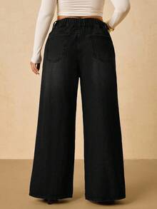 SHEIN Tall CURVE Plus Size Casual Everyday Simple Solid Color Slant Pocket Loose Wide Leg Jeans - Black - View 3