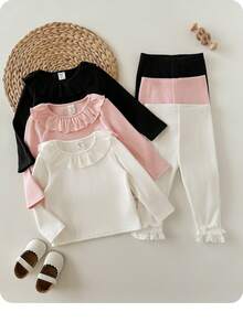 Newborn Baby Girl Casual Solid Color Ruffle Trim Long Sleeve Top And Elastic Waist Pants Set - Multicolor - View 2