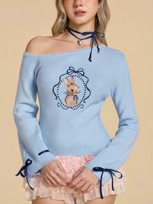 ROMWE Kawaii 性感不对称肩部蝴蝶结兔子刺绣套头毛衣 - 淺藍色 - 查看 9