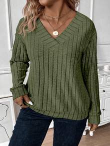 EMERY ROSE Sudadera casual con cuello en V de talla grande, tejido de punto acanalado simple y elegante de 12*4, adecuada para primavera y otoño - Verde militar - Ver 4