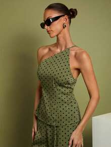 COSMINA Women's Casual Polka Dot Print Sleeveless Top And Pants 2 Pieces Set, Summer, Green Set Women, Pants And Top Set, Wide Leg Pants Set, Green Two Pieces - Olive Green - View 4