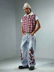 ROMWE MEN Street Life 男士浅色水洗格子刺绣牛仔裤 - 藍色 - 查看 3