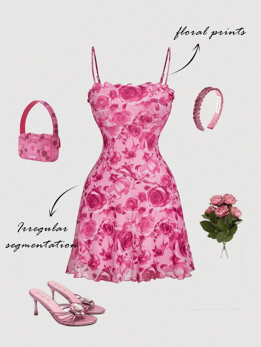 SHEIN MOD 复古模糊玫瑰花卉印花拼接迷你连衣裙，70年代复古风，Y2K风格，完美适用于约会之夜、派对、皇家风范、节日和生日装扮 - 粉色 - 查看 1