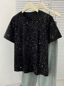 EMERY ROSE 新款女士时尚亮片圆领短袖休闲T恤，适合日常穿着。 - 黑色 - 查看 3