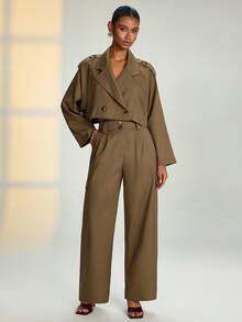 RueChic 女士短款工装外套和高腰工装裤套装 – 女士两件套，现代街头风穿搭，休闲工装套装，宽松版型，时尚军装风，别致工装搭配，都市简约风，实用口袋，春季吸睛套装，现代叠穿造型 - 咖啡棕 - 查看 2